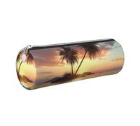JKLQWC Sunrise Tropical Palm Tree Island Printed Cylinder Pencil Case with Silver Zipper - Lightweight Leather Organizer for School, Office, Travel, Makeup