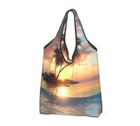 JKLQWC Sunrise Tropical Palm Tree Island Printed Foldable Shopping Bag 1 PCS, Reusable Grocery Tote Bags for Daily Shopping and Travel