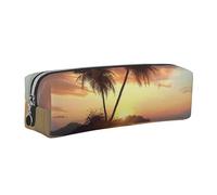 JKLQWC Sunrise Tropical Palm Tree Island Printed Leather Pencil Case with Silver Zipper - Simple and Lightweight Organizer for School, Office, Travel, Makeup