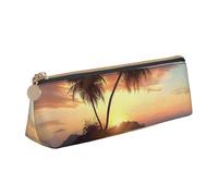 JKLQWC Sunrise Tropical Palm Tree Island Printed Triangle Pencil Case with Zipper - Lightweight Leather Organizer for School, Office, Travel, Makeup