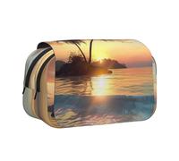 JKLQWC Sunrise Tropical Palm Tree Island Prints Pencil Case for Kids Men Women, Two Layers Large Capacity Pencil Pouch Makeup Bag Organizer for Office School Travel
