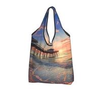 JKLQWC sunset at the beach bridge Printed Foldable Shopping Bag 3 PCS, Reusable Grocery Tote Bags for Daily Shopping and Travel