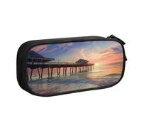 JKLQWC Sunset at The Beach Bridge Printed Pencil Case Cute Pen Pencil Box Bag Zipper Storage Organizer Box Holder for Office School Teen Girl Boy Adult,Black