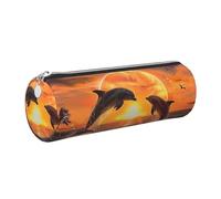JKLQWC Sunset Dolphins Printed Cylinder Pencil Case with Silver Zipper - Lightweight Leather Organizer for School, Office, Travel, Makeup