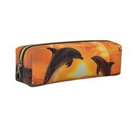 JKLQWC Sunset Dolphins Printed Leather Pencil Case with Gold Zipper - Simple and Lightweight Organizer for School, Office, Travel, Makeup