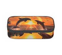 JKLQWC Sunset Dolphins Printed Pencil Case Cute Pen Pencil Box Bag Large Capacity Compartment Zipper Pencil Pouch Organizer for Office School Travel