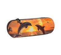 JKLQWC Sunset Dolphins Printed Pencil Case Cute Pen Pencil Box Bag PU Leather Zipper Pencil Pouch Organizer for Office School Travel