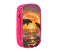 JKLQWC Sunset Dolphins Printed Pencil Case Cute Pen Pouch Large Pen Bag Portable Storage Organizer Box for Office School Teen Girl Boy Adult,Pink