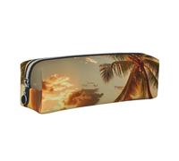JKLQWC Sunset Hawaiian Palm Tree Printed Leather Pencil Case with Silver Zipper - Simple and Lightweight Organizer for School, Office, Travel, Makeup