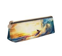 JKLQWC Sunset Sea Surfing Seascape Printed Triangle Pencil Case with Zipper - Lightweight Leather Organizer for School, Office, Travel, Makeup