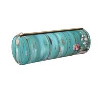 JKLQWC Teal Barn Door Floral Printed Cylinder Pencil Case with Gold Zipper - Lightweight Leather Organizer for School, Office, Travel, Makeup