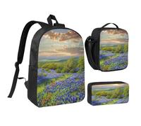 JKLQWC Texas Bluebonnets Scenery Print Backpack Set 3-Piece, 17-Inch School Bag with Insulated Lunch Bag & Pencil Case for Students Teens Girls Boys