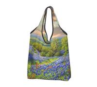 JKLQWC Texas Bluebonnets Scenery Printed Foldable Shopping Bag 1 PCS, Reusable Grocery Tote Bags for Daily Shopping and Travel