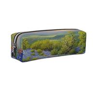 JKLQWC Texas Bluebonnets Scenery Printed Leather Pencil Case with Silver Zipper - Simple and Lightweight Organizer for School, Office, Travel, Makeup