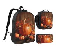 JKLQWC Thanksgiving Pumpkin Print Backpack Set 3-Piece, 17-Inch School Bag with Insulated Lunch Bag & Pencil Case for Students Teens Girls Boys