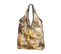 JKLQWC Theme Seashell Sandy Beach Printed Foldable Shopping Bag 2 PCS, Reusable Grocery Tote Bags for Daily Shopping and Travel
