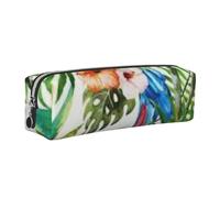 JKLQWC Toucans Parrot Palm Tree Leaves Printed Leather Pencil Case with Silver Zipper - Simple and Lightweight Organizer for School, Office, Travel, Makeup