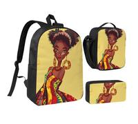 JKLQWC Traditional African Girl Painting Print Backpack Set 3-Piece, 17-Inch School Bag with Insulated Lunch Bag & Pencil Case for Students Teens Girls Boys