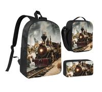 JKLQWC Train and Railway Print Backpack Set 3-Piece, 17-Inch School Bag with Insulated Lunch Bag & Pencil Case for Students Teens Girls Boys