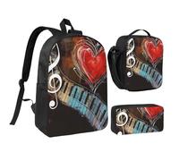 JKLQWC Treble Love and Music Print Backpack Set 3-Piece, 17-Inch School Bag with Insulated Lunch Bag & Pencil Case for Students Teens Girls Boys
