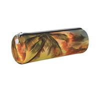 JKLQWC Tropical Beach Palm Tree Sunset Printed Cylinder Pencil Case with Silver Zipper - Lightweight Leather Organizer for School, Office, Travel, Makeup