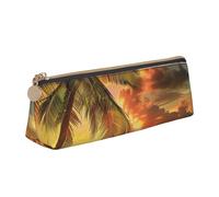 JKLQWC Tropical Beach Palm Tree Sunset Printed Triangle Pencil Case with Zipper - Lightweight Leather Organizer for School, Office, Travel, Makeup