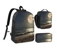 JKLQWC Tropical Beach Palm Tree with Full Moon Starry Night Print School Backpack Set of 3, 17-Inch School Bag with Insulated Lunch Bag & Pencil Case for Students Teens Girls Boys