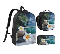 JKLQWC Tropical Flower and Zen Stone Print Backpack Set 3-Piece, 17-Inch School Bag with Insulated Lunch Bag & Pencil Case for Students Teens Girls Boys