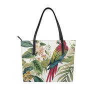JKLQWC Tropical Flower Leaf Parrot Printed Womens Shopping Tote Bag Ladies PU Leather Shoulder Handbags for Work Travel School