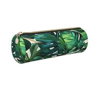 JKLQWC Tropical Leaves Printed Cylinder Pencil Case with Gold Zipper - Lightweight Leather Organizer for School, Office, Travel, Makeup