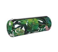 JKLQWC Tropical Leaves Printed Cylinder Pencil Case with Silver Zipper - Lightweight Leather Organizer for School, Office, Travel, Makeup