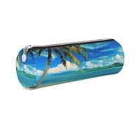 JKLQWC Tropical Palm Tree Hawaii Beach Printed Cylinder Pencil Case with Silver Zipper - Lightweight Leather Organizer for School, Office, Travel, Makeup