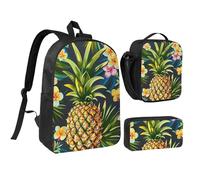 JKLQWC Tropical Pineapple Hawaiian Print Backpack Set 3-Piece, 17-Inch School Bag with Insulated Lunch Bag & Pencil Case for Students Teens Girls Boys