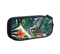 JKLQWC Tropical Summer Hawaiian Flower Palm Leaves Printed Pencil Case Cute Pen Pencil Box Bag Zipper Storage Organizer Box Holder for Office School Teen Girl Boy Adult,Black