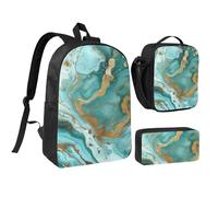 JKLQWC Turquoise Gold Marble Print Backpack Set 3-Piece, 17-Inch School Bag with Insulated Lunch Bag & Pencil Case for Students Teens Girls Boys