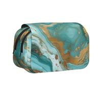 JKLQWC Turquoise Gold Marble Prints Pencil Case for Kids Men Women, Two Layers Large Capacity Pencil Pouch Makeup Bag Organizer for Office School Travel