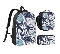 JKLQWC Turtle Octopus Theme Print Backpack Set 3-Piece, 17-Inch School Bag with Insulated Lunch Bag & Pencil Case for Students Teens Girls Boys