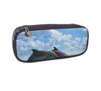 JKLQWC Two Dolphins Printed PU Leather Pencil Case Cute Pen Pencil Box Bag Zipper Office School Pencil Pouch Organizer for Students Teen Girls Boys Adult Gifts