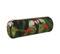 JKLQWC Two Parrots on Green Palm Tree Printed Cylinder Pencil Case with Gold Zipper - Lightweight Leather Organizer for School, Office, Travel, Makeup
