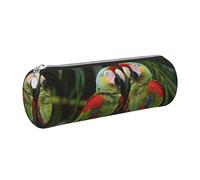 JKLQWC Two Parrots on Green Palm Tree Printed Cylinder Pencil Case with Silver Zipper - Lightweight Leather Organizer for School, Office, Travel, Makeup