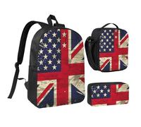 JKLQWC USA UK Flag Print Backpack Set 3-Piece, 17-Inch School Bag with Insulated Lunch Bag & Pencil Case for Students Teens Girls Boys