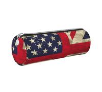 JKLQWC USA UK Flag Printed Cylinder Pencil Case with Silver Zipper - Lightweight Leather Organizer for School, Office, Travel, Makeup