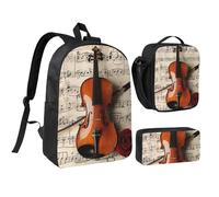 JKLQWC Violin Sheet Music Print Backpack Set 3-Piece, 17-Inch School Bag with Insulated Lunch Bag & Pencil Case for Students Teens Girls Boys