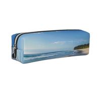 JKLQWC Wave Beach Printed Leather Pencil Case with Silver Zipper - Simple and Lightweight Organizer for School, Office, Travel, Makeup