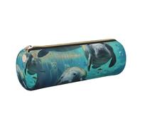 JKLQWC West Indian Sea Animals Printed Cylinder Pencil Case with Gold Zipper - Lightweight Leather Organizer for School, Office, Travel, Makeup