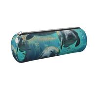 JKLQWC West Indian Sea Animals Printed Cylinder Pencil Case with Silver Zipper - Lightweight Leather Organizer for School, Office, Travel, Makeup