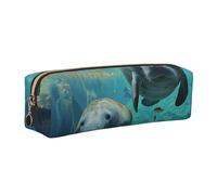 JKLQWC West Indian Sea Animals Printed Leather Pencil Case with Gold Zipper - Simple and Lightweight Organizer for School, Office, Travel, Makeup