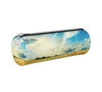 JKLQWC Wheat Field Printed Cylinder Pencil Case with Silver Zipper - Lightweight Leather Organizer for School, Office, Travel, Makeup
