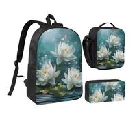 JKLQWC White Lotus Flowers Print Print Backpack Set 3-Piece, 17-Inch School Bag with Insulated Lunch Bag & Pencil Case for Students Teens Girls Boys