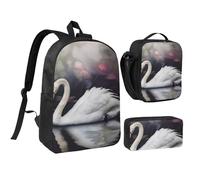 JKLQWC White Swan Print Backpack Set 3-Piece, 17-Inch School Bag with Insulated Lunch Bag & Pencil Case for Students Teens Girls Boys